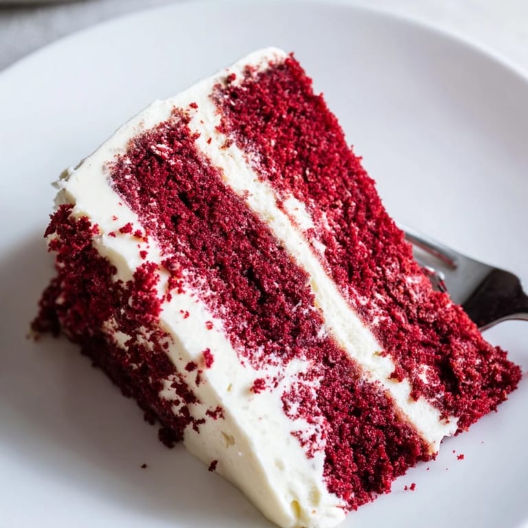 Freshly baked Red Velvet Cake layers are stacked and frosted with creamy white icing, dusted with crumbs on a rustic kitchen table.