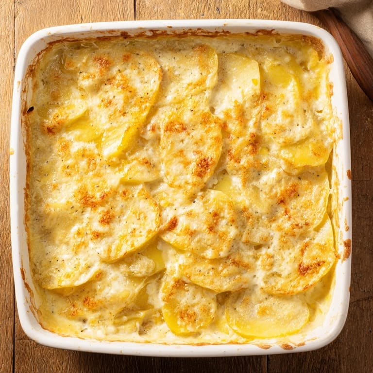 Sliced Yukon Gold potatoes layered with cheese and cream, a classic Au Gratin Potatoes side.