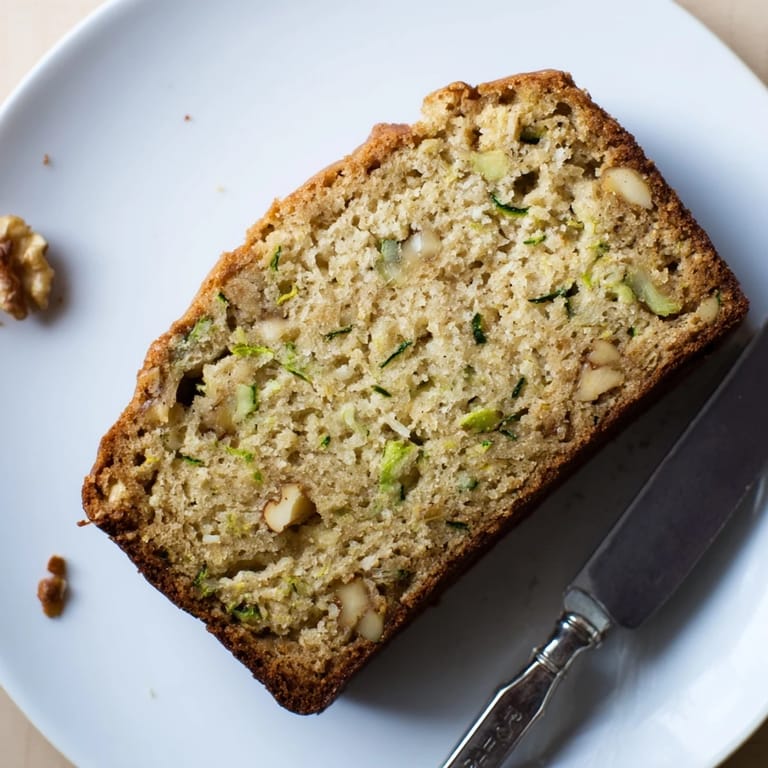 Rustic loaf of Zucchini Bread resting on a wooden board, packed with shredded zucchini and toasted pecans.