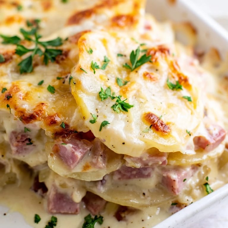 Tender potato slices and diced ham are coated in rich, creamy Gruyère sauce.