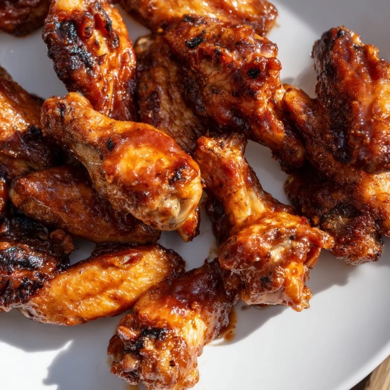 Close-up of juicy Honey BBQ Chicken wings, glazed and piled high for a game day snack
