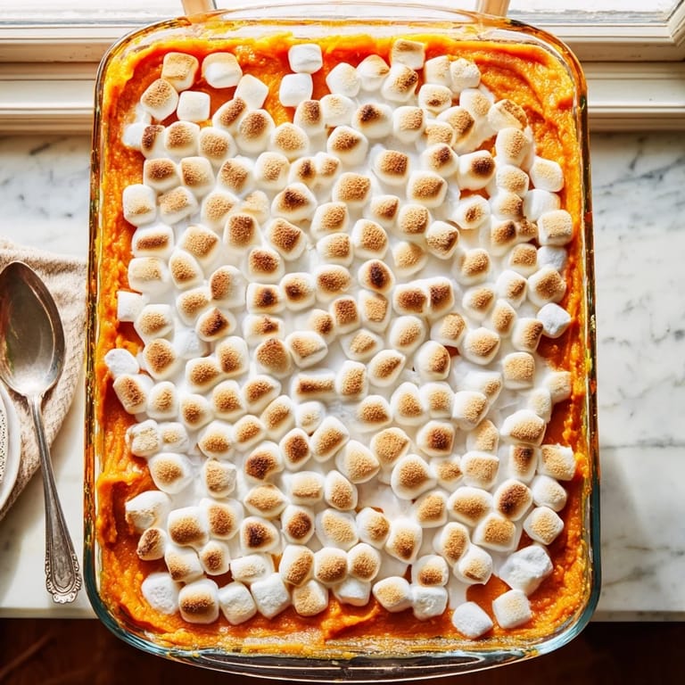 A close-up of Sweet Potato Casserole featuring a crunchy pecan streusel topping, served alongside a holiday roast.