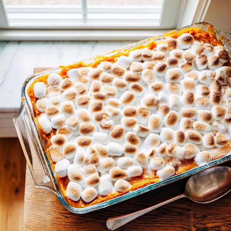 Steamy, creamy Sweet Potato Casserole with marshmallows and pecans, ready to serve as a classic Thanksgiving side dish.