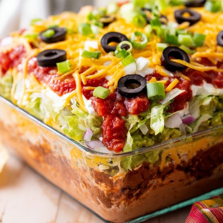 Close-up of fresh seven-layer dip topped with olives and green onions, ready for a party appetizer.