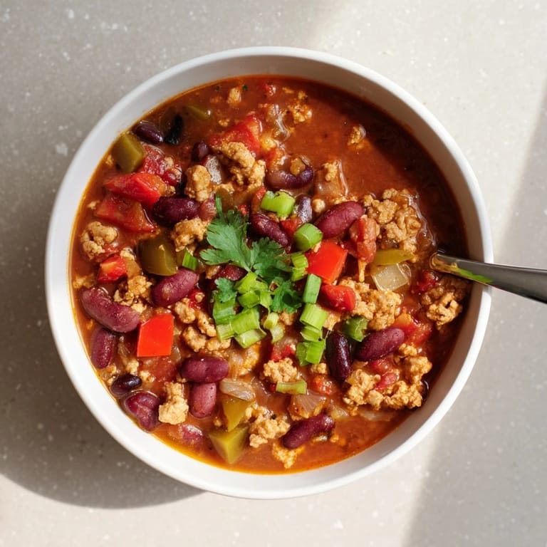 Spicy turkey chili simmering in a Dutch oven with rich tomato and bean texture.