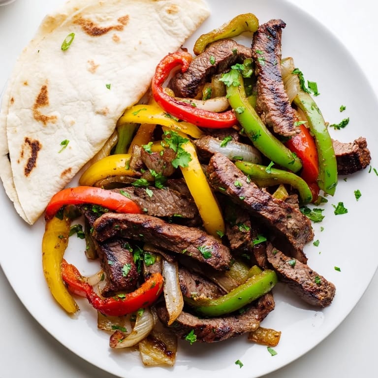 Freshly cooked steak fajitas featuring tender beef, charred vegetables, and soft tortillas, perfect for a family-style meal.