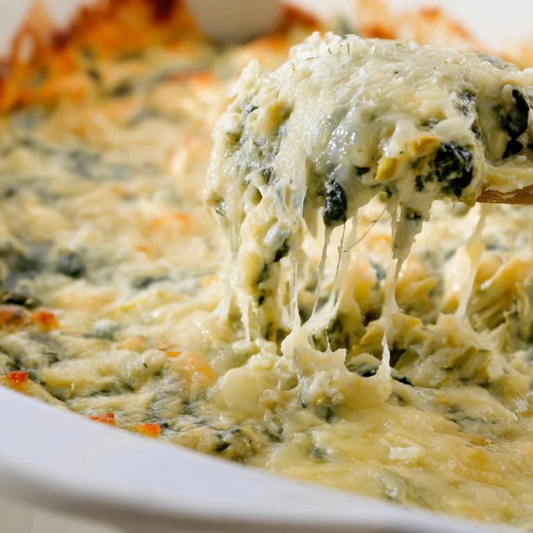 Golden-brown Spinach Artichoke Dip in a rustic baking dish, garnished with fresh spinach leaves and served alongside crackers for a perfect appetizer spread.