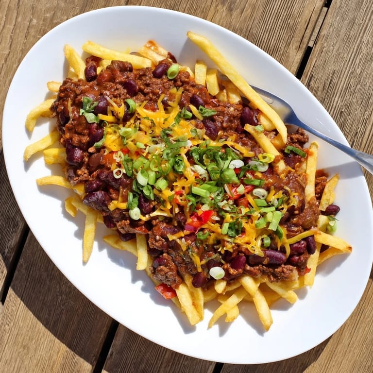 Freshly chopped green onions are sprinkled over the hot Chili Cheese Fries for a crisp finish.