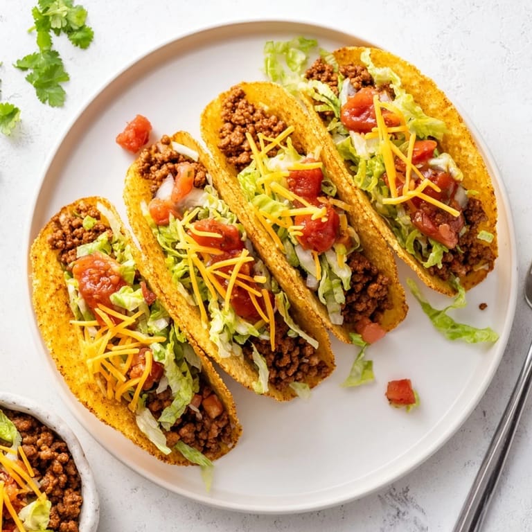 Two warm Beef Tacos topped with melted cheddar, fresh lettuce, and a dollop of sour cream on a plate.