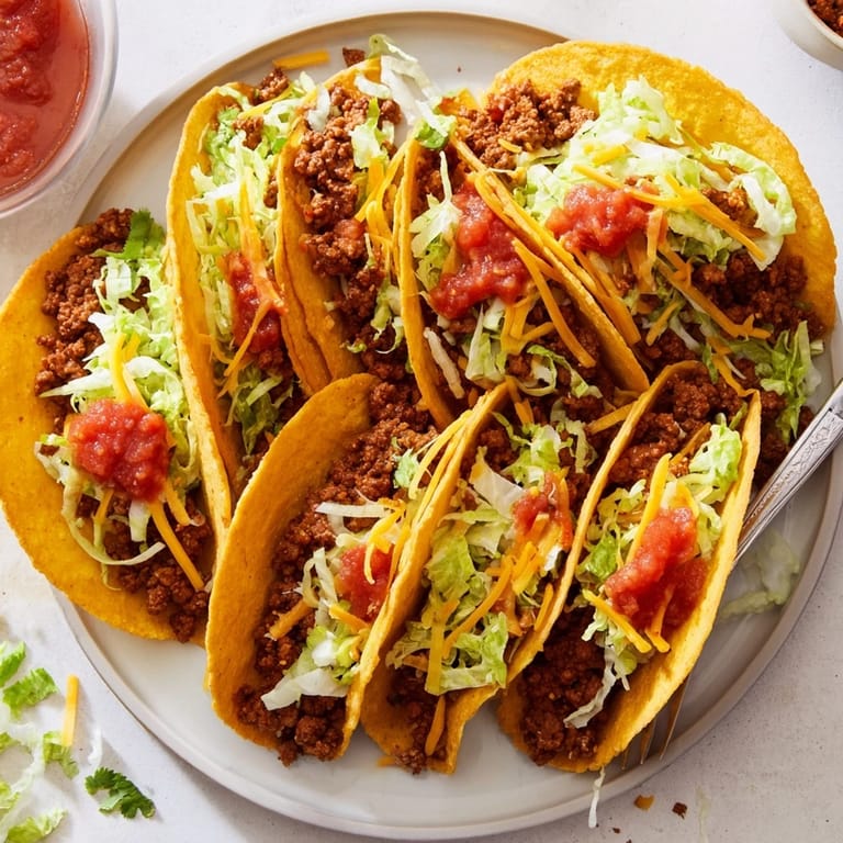 Juicy Beef Tacos with seasoned meat, diced tomatoes, and cilantro, ready to serve with lime wedges and salsa.