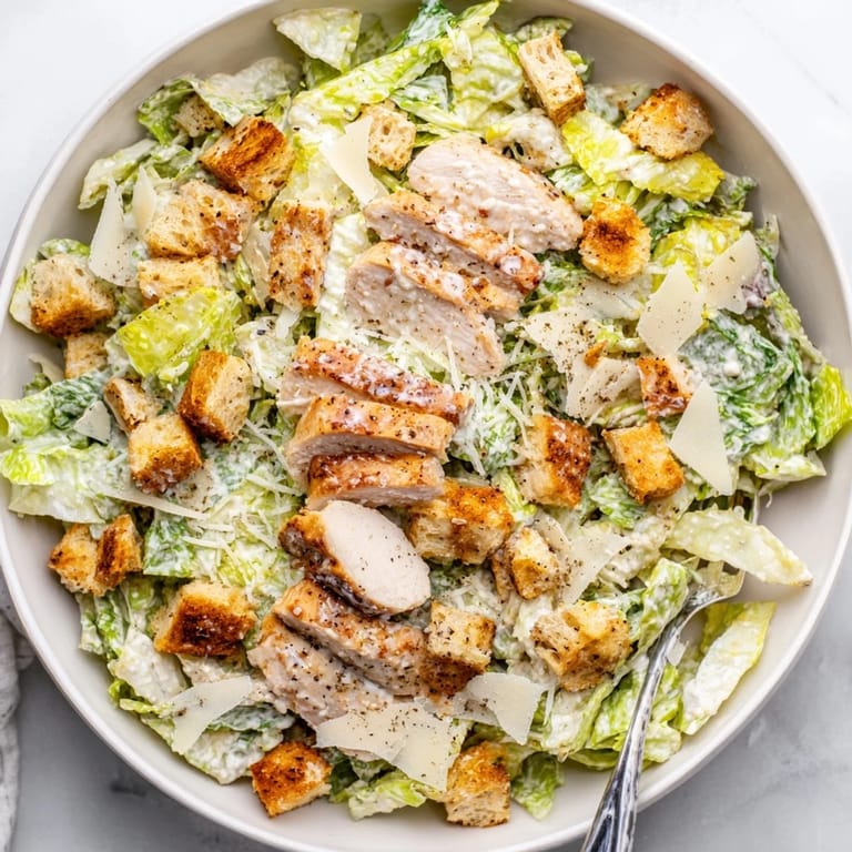 Sliced grilled chicken, shaved Parmesan, and crunchy croutons make a hearty Chicken Caesar Salad served on a white plate.