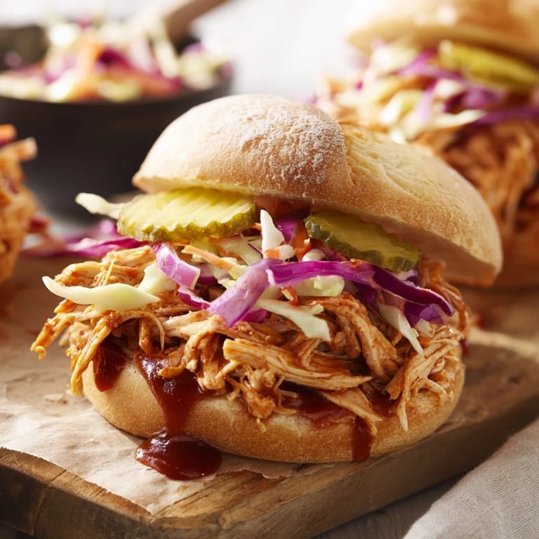 Homemade BBQ Chicken Sandwich with tender shredded chicken, tangy barbecue glaze, and fresh cabbage slaw on a soft bun.