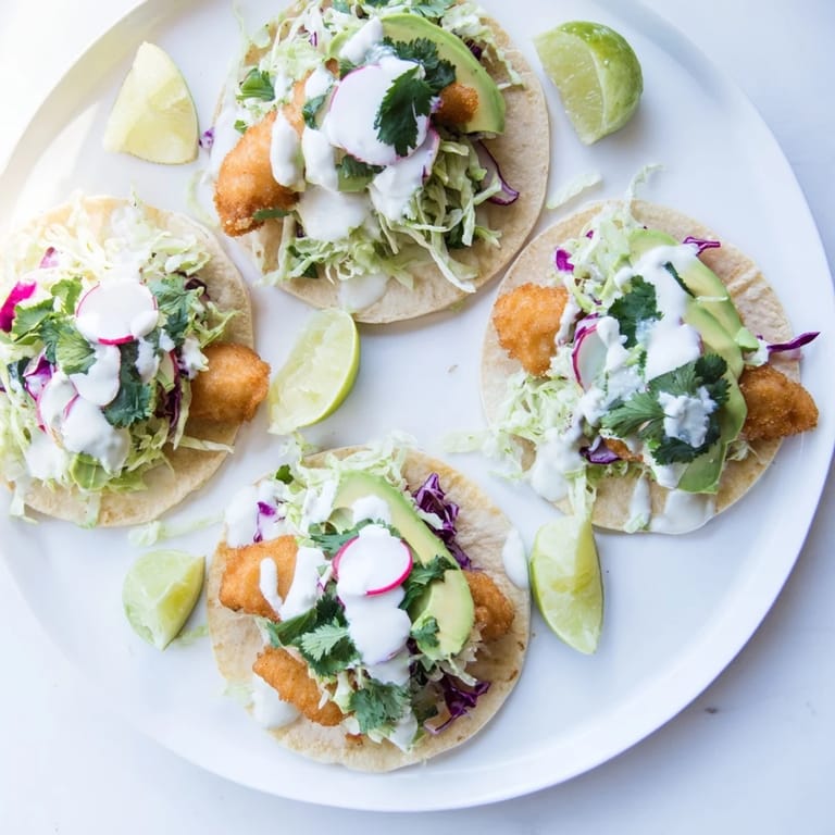 Close-up of Baja fish tacos drizzled with creamy lime sauce, served with lime wedges.