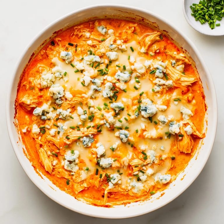 Warm, creamy Buffalo Chicken Dip served with celery sticks and tortilla chips on a platter.
