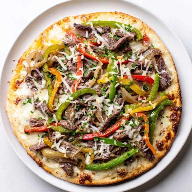 A freshly baked Philly Cheesesteak Pizza shows melted cheese, sautéed peppers, and onions on a crisp, golden-brown crust.