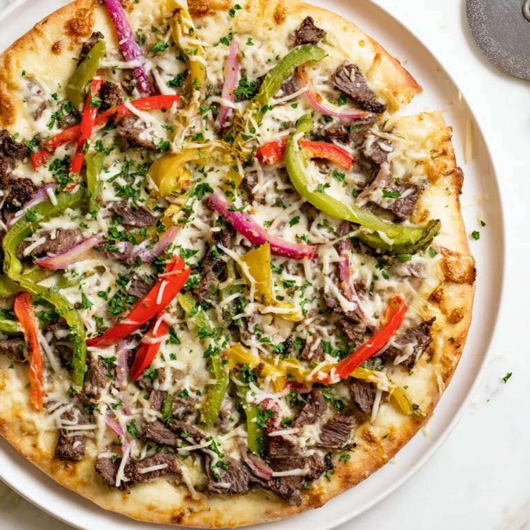 Close-up of a slice of Philly Cheesesteak Pizza being lifted, revealing tender ribeye steak and gooey, stretchy cheese layers.
