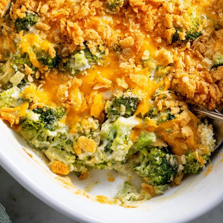 A close-up of creamy Broccoli Casserole featuring tender florets and a crunchy topping.