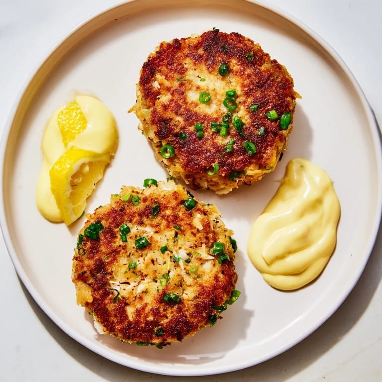 Freshly fried lump crab patties with lemon wedges and creamy dipping sauce, perfect for a pescatarian main dish.
