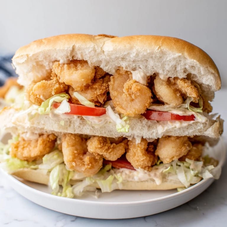 Classic Shrimp Po Boy sandwich stacked with crunchy fried shrimp, fresh vegetables, and lemon wedges on a wooden cutting board.
