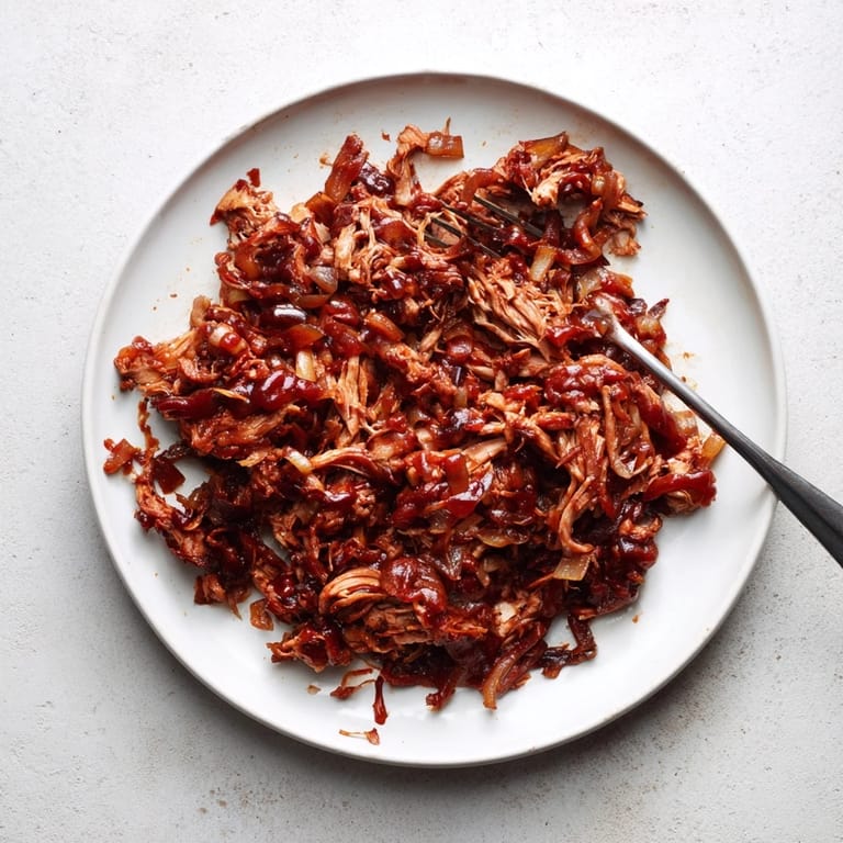 Steaming BBQ Pulled Chicken in a rustic bowl, fork-ready with smoky barbecue sauce.
