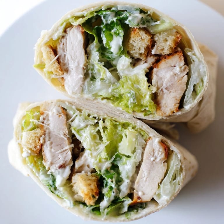 Fresh Caesar Chicken Salad Wrap with creamy dressing, parmesan, and crunchy croutons on a white plate.