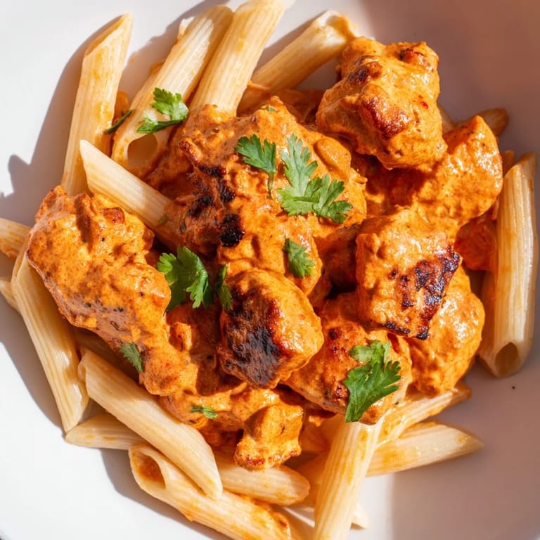 Garnished with fresh cilantro, this vibrant Chicken Tikka Pasta dish showcases a beautiful fusion of Indian spices and Italian pasta on a plate.