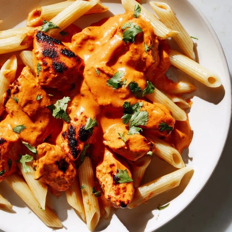 Enjoy a hearty bowl of Chicken Tikka Pasta, where juicy tikka chicken meets a creamy, aromatic tomato sauce tossed with penne.