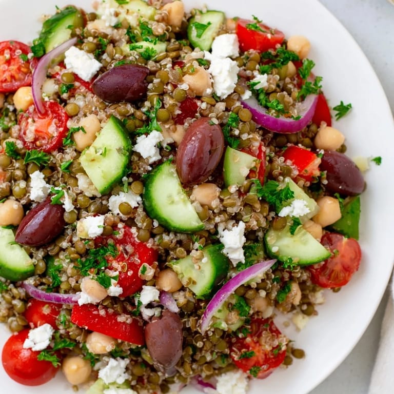 Bright Greek Power Salad topped with feta, Kalamata olives, and parsley, perfect for a nutritious vegetarian meal.