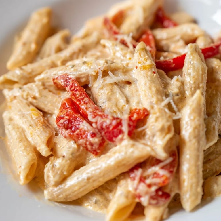 A close-up view shows the creamy Cajun pasta tossed with sweet roasted red bell peppers, ready to be enjoyed by four people.