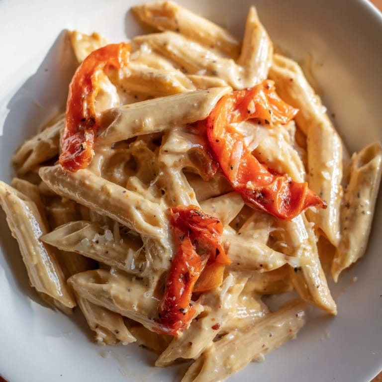 A rustic wooden table displays the Creamy Cajun pasta, steaming and inviting, ideal for a comforting vegetarian meal.