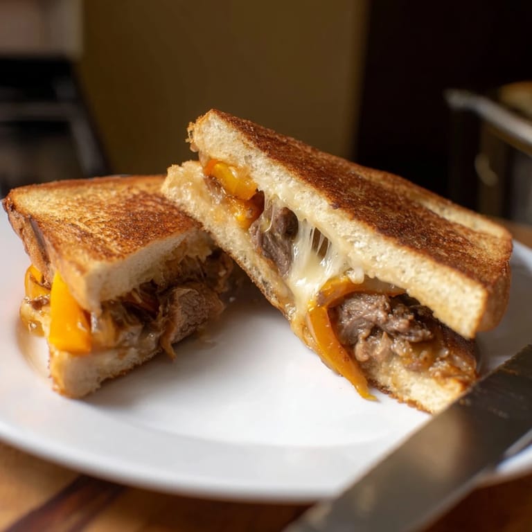 A close-up shows the Philly Cheesesteak Grilled Cheese oozing with cheese, served alongside crispy fries.