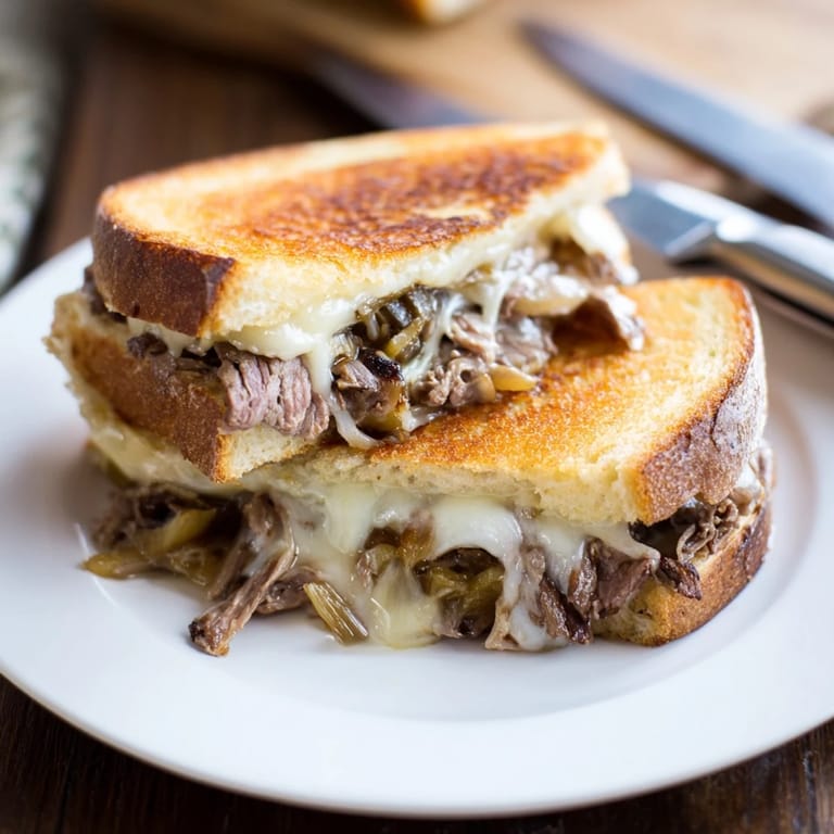 Steaming, gooey provolone stretches from the golden-crusted Philly Cheesesteak Grilled Cheese with savory steak and veggies.