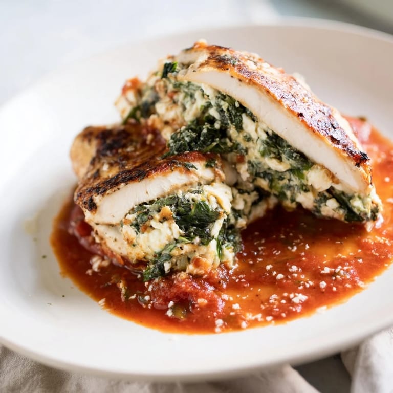 Tender stuffed chicken breasts in bright tomato sauce, garnished with fresh basil and perfect for a gluten-free family meal.