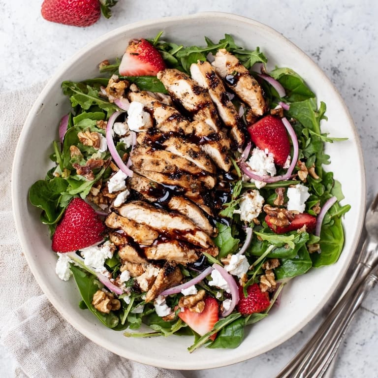 Juicy grilled chicken tops a vibrant salad with strawberries, goat cheese, and pecans in honey balsamic dressing. 