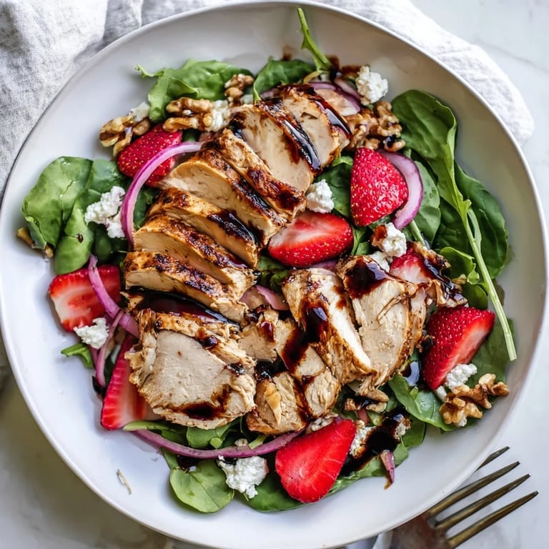 Honey balsamic chicken salad served on fresh greens with strawberries and creamy goat cheese, ready to enjoy.