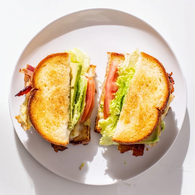 A close-up of a halved Avocado BLT Grilled Cheese, showing layers of bacon, lettuce, and melted cheese.