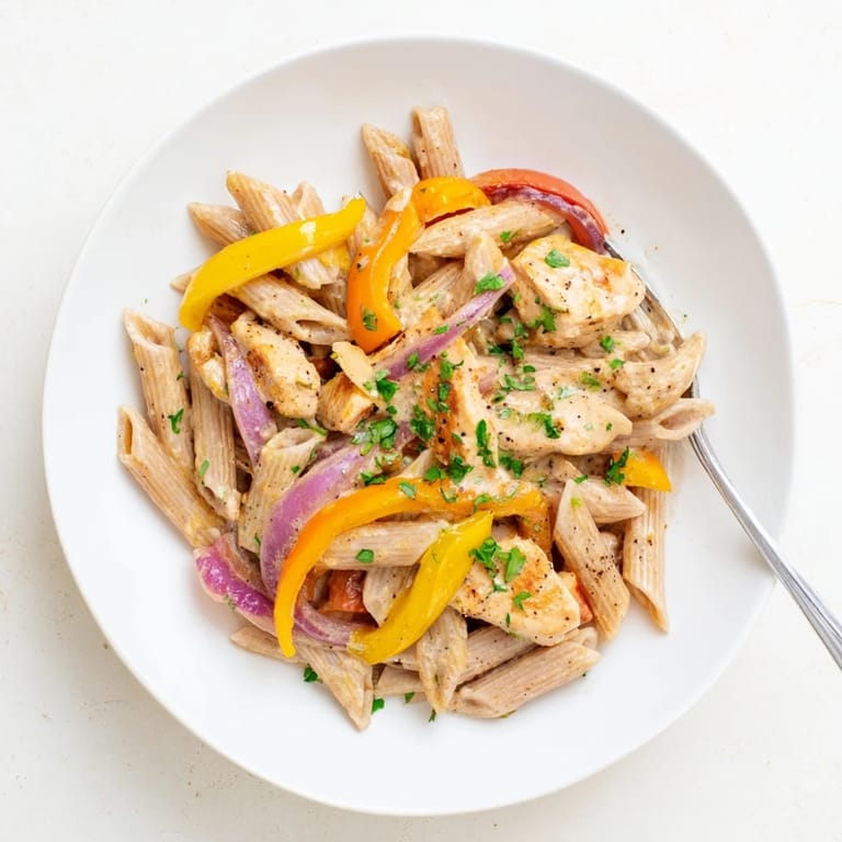 Tender chicken strips and vibrant veggies on a bed of whole wheat penne for a lighter Cajun pasta meal.  