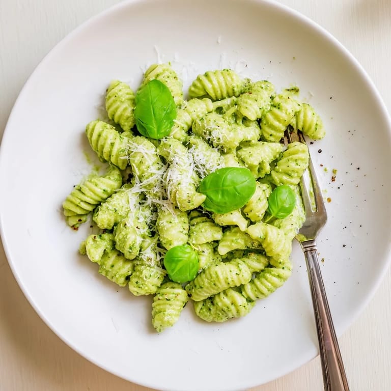 A serving of Creamy Avocado Pesto Mac topped with basil and black pepper, perfect for a weeknight dinner.