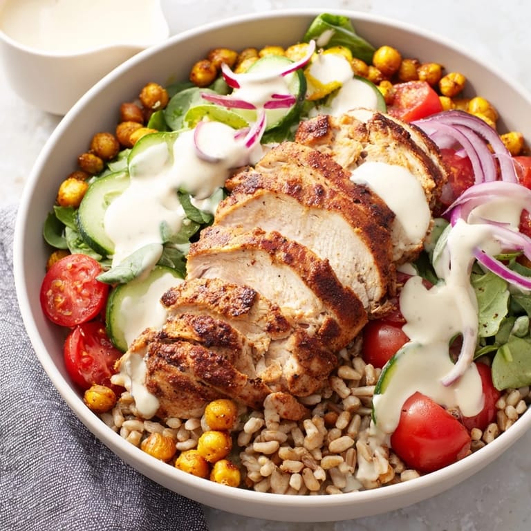 A fresh Mediterranean-inspired Lemon Tahini Chicken Power Bowl served with tomatoes, cucumbers, and a generous drizzle of tangy sauce.