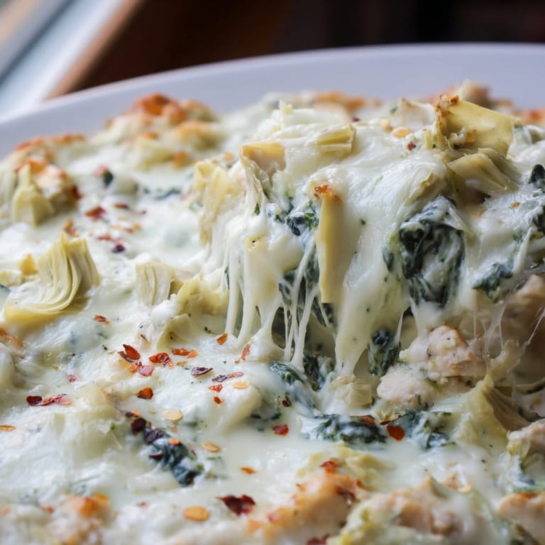 A serving of Spinach & Artichoke Chicken Bake on a rustic plate, creamy spinach and artichoke topping swirling with golden cheese, paired with a crisp green salad.