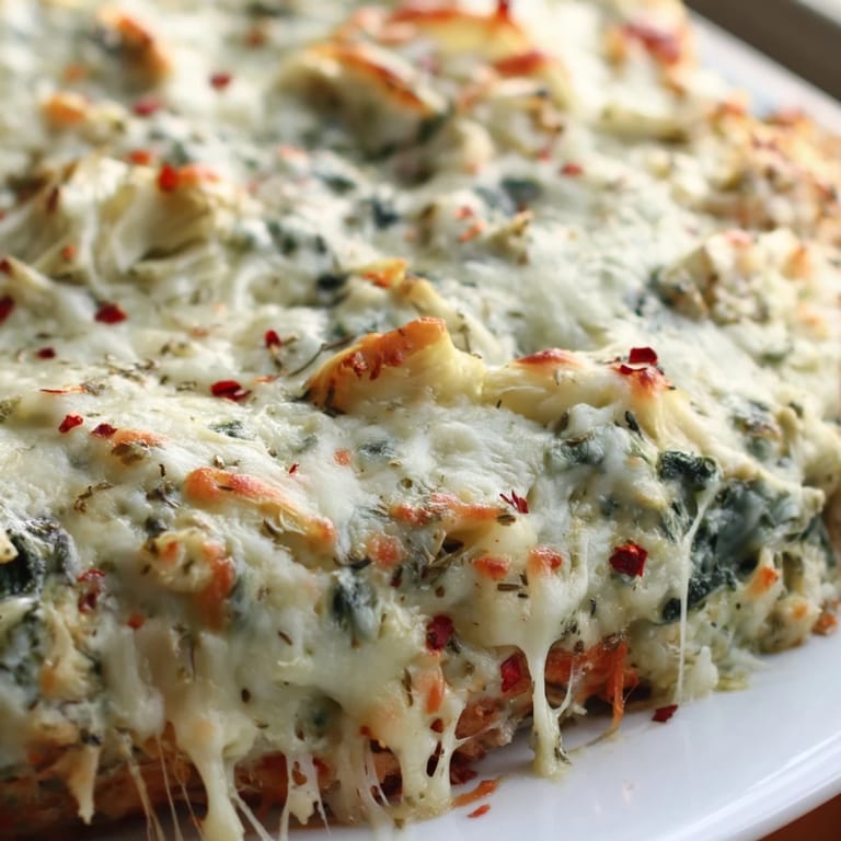 Close-up of Spinach & Artichoke Chicken Bake showing tender chicken smothered in a tangy Greek yogurt, spinach, and artichoke mixture, garnished with fresh herbs.