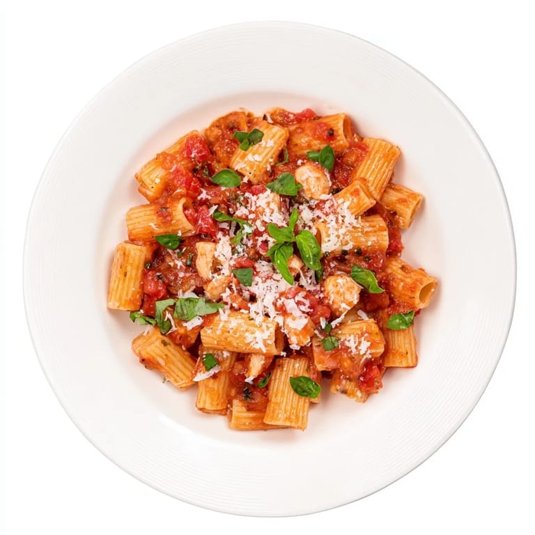 Hearty and colorful Tomato Basil Chicken Pasta served in a warm bowl, featuring juicy chicken pieces and a rich, simmered tomato sauce.