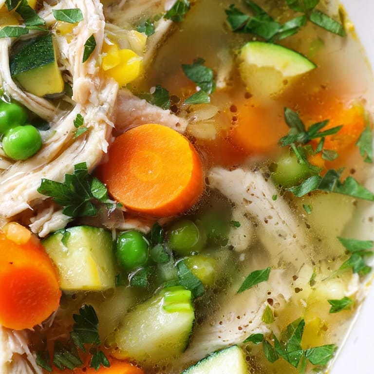 Serve Spring Garden Chicken Soup hot with crusty bread, highlighting shredded chicken and fresh herbs in a nourishing bowl.