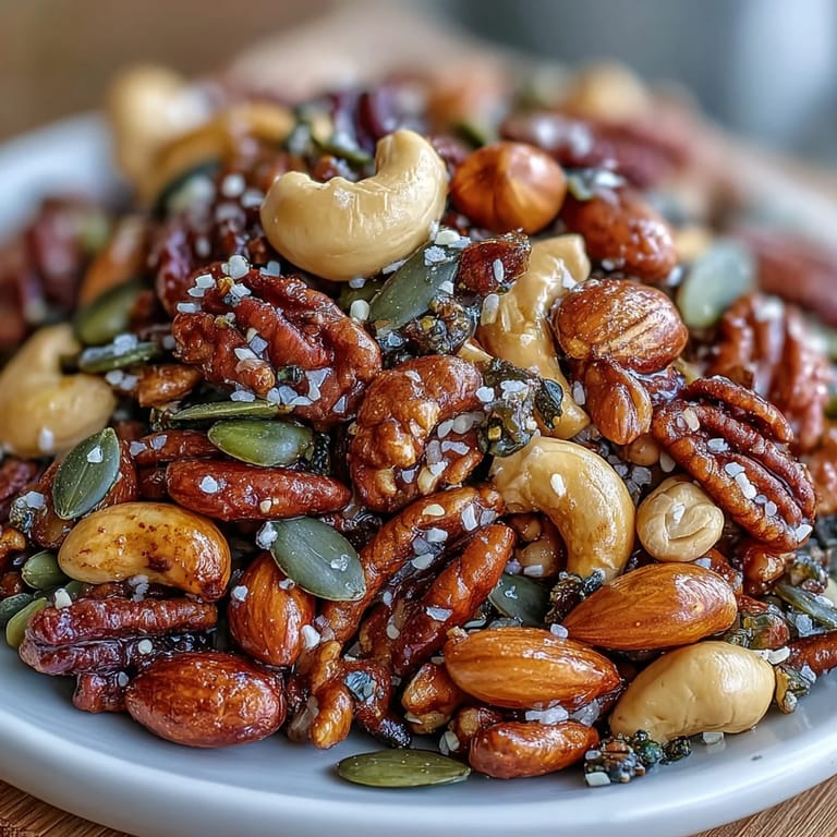 Spiced Nuts and Seeds Mix served in a rustic wooden bowl, perfect for healthy gluten-free snacking or sprinkling over a fresh salad.