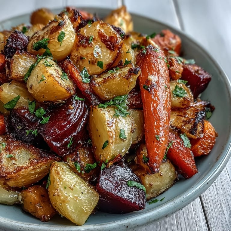 Vibrant roasted root vegetable medley served warm in a white dish, perfect as a hearty vegetarian side for a cozy dinner.  