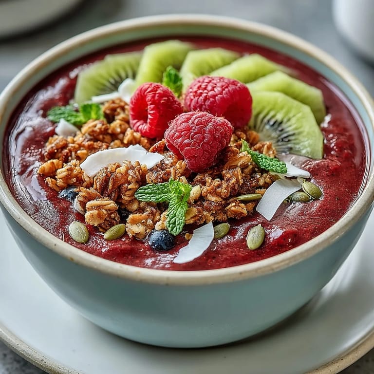 Thick Beet and Berry Smoothie Bowl garnished with sliced kiwi, berries, and coconut, a refreshing vegan breakfast bowl.
