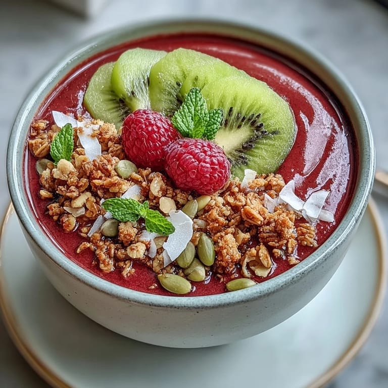 Colorful Beet and Berry Smoothie Bowl topped with granola, pumpkin seeds, and mint, served in a white bowl for morning energy.