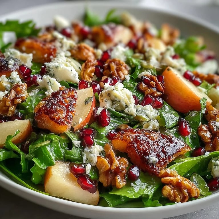 A vibrant serving of Pomegranate and Walnut Salad featuring crunchy pumpkin seeds and a drizzle of honey cinnamon dressing on fresh fruit.
