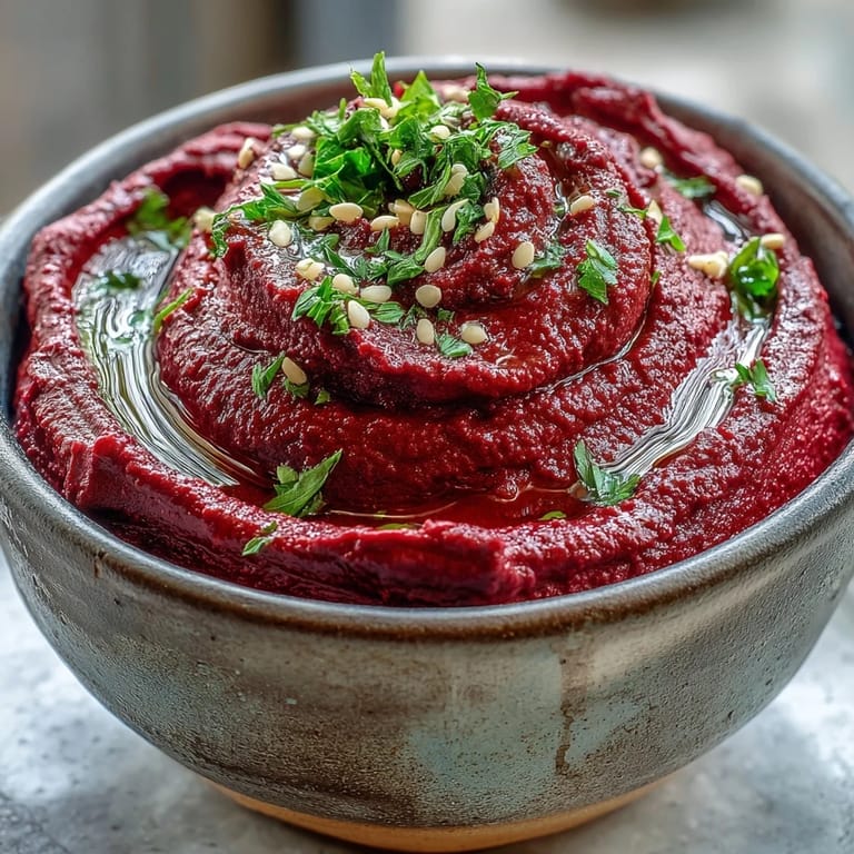 Roasted Beet Hummus in a white serving dish with pita chips and fresh vegetables, showcasing its rich magenta color.
