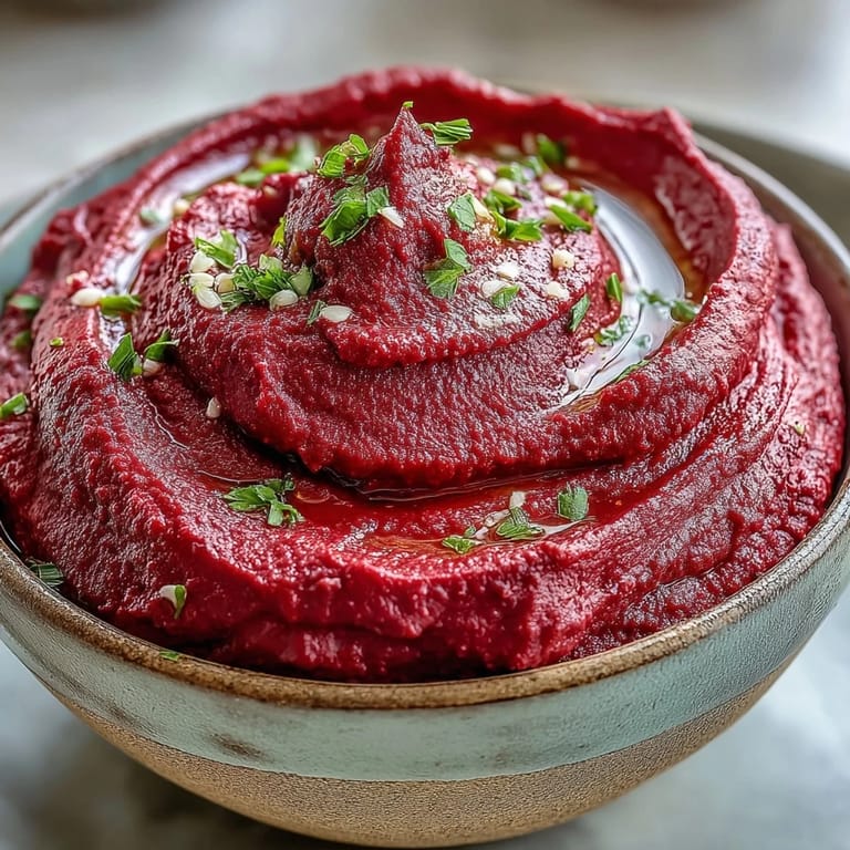 Close-up of a spoon scooping Roasted Beet Hummus, revealing its smooth texture and topped with a sprinkle of cumin.